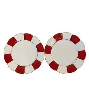 Grace Teaware Porcelain Salad Plate 8in Red & White Stripe Gold Trim Set 2 New